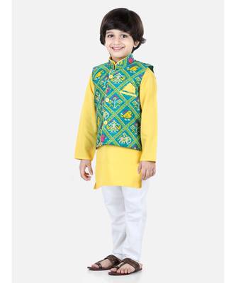 yellow Patan Patola Jacket Kurta Pajama 3 piece set 1
