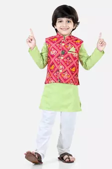 green Patan Patola Jacket Kurta Pajama 3 piece set