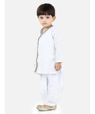 white Boys Front Open Embroidered Kurta Dhoti for Boys 1