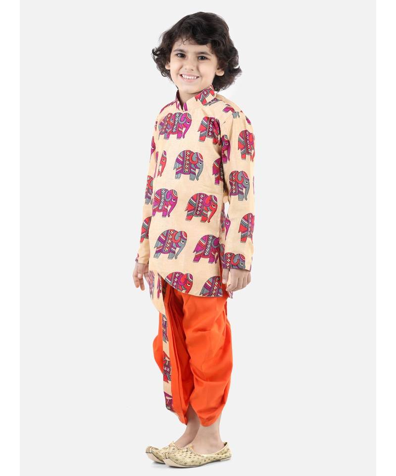 Orange Silk  stitched printed   sherwani & dhoti