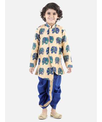 Blue Silk  stitched printed   sherwani &   dhoti 1