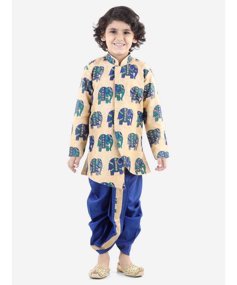 Blue Silk  stitched printed   sherwani &   dhoti