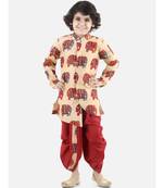 Red Silk  stitched printed   sherwani &   dhoti