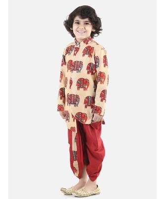 Red Silk  stitched printed   sherwani &   dhoti 4