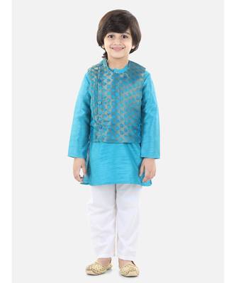 blue Jacquard Jacket Kurta Pajama 3 Piece Set 1