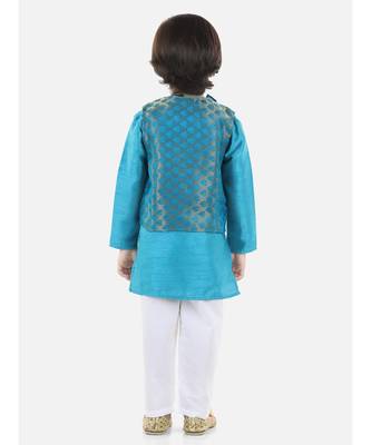 blue Jacquard Jacket Kurta Pajama 3 Piece Set 2