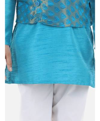 blue Jacquard Jacket Kurta Pajama 3 Piece Set 3