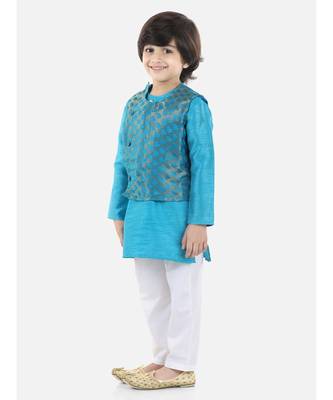 blue Jacquard Jacket Kurta Pajama 3 Piece Set 4