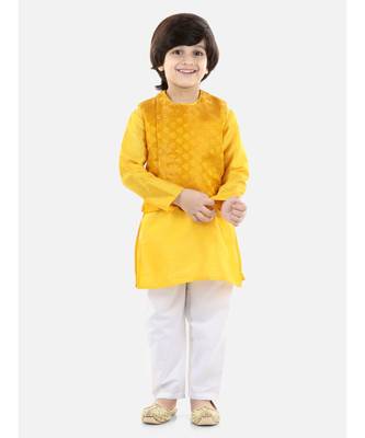yellow Jacquard Jacket Kurta Pajama 3 Piece Set 1