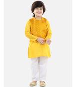 yellow Jacquard Jacket Kurta Pajama 3 Piece Set