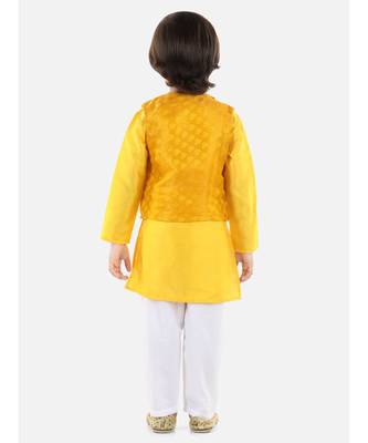yellow Jacquard Jacket Kurta Pajama 3 Piece Set 2