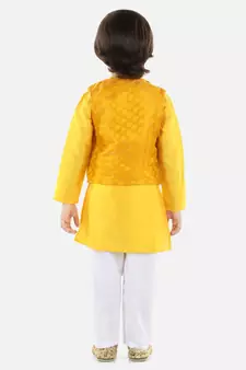 yellow Jacquard Jacket Kurta Pajama 3 Piece Set