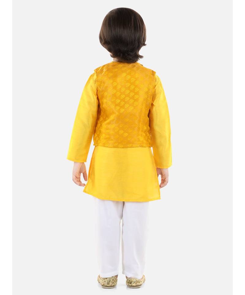 yellow Jacquard Jacket Kurta Pajama 3 Piece Set