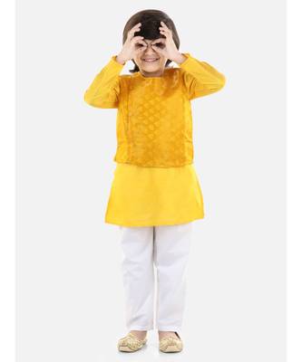 yellow Jacquard Jacket Kurta Pajama 3 Piece Set 4
