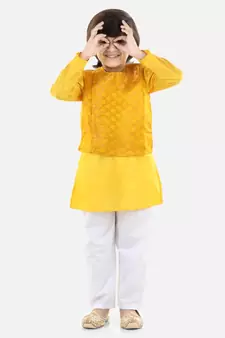 yellow Jacquard Jacket Kurta Pajama 3 Piece Set