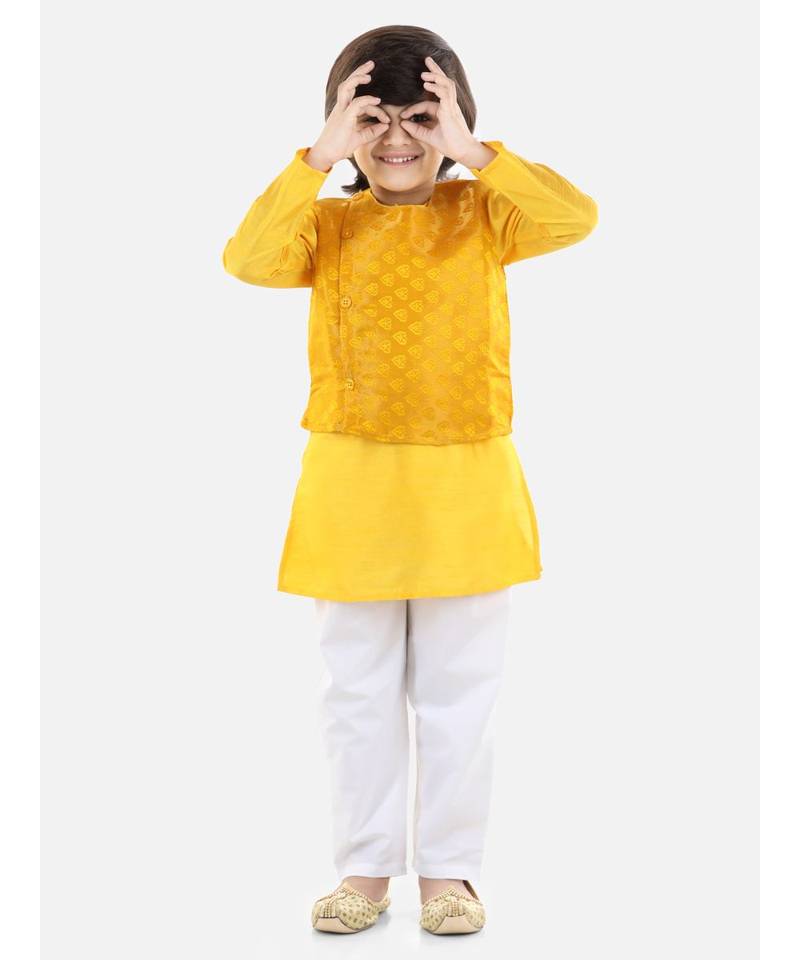 yellow Jacquard Jacket Kurta Pajama 3 Piece Set