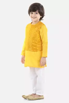 yellow Jacquard Jacket Kurta Pajama 3 Piece Set
