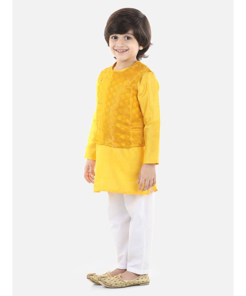 yellow Jacquard Jacket Kurta Pajama 3 Piece Set