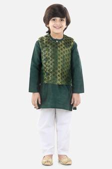green Jacquard Jacket Kurta Pajama 3 Piece Set