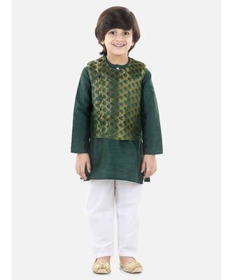 green Jacquard Jacket Kurta Pajama 3 Piece Set 1