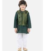 green Jacquard Jacket Kurta Pajama 3 Piece Set