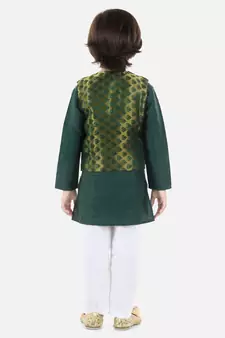 green Jacquard Jacket Kurta Pajama 3 Piece Set