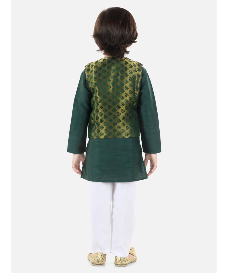 green Jacquard Jacket Kurta Pajama 3 Piece Set