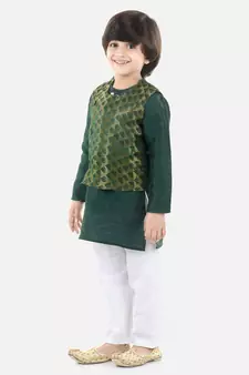green Jacquard Jacket Kurta Pajama 3 Piece Set