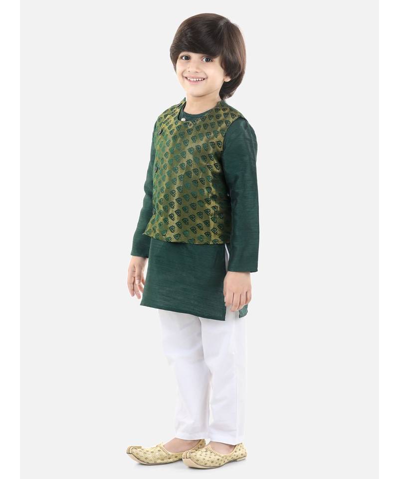 green Jacquard Jacket Kurta Pajama 3 Piece Set