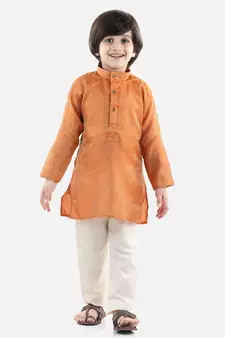 orange Full Sleeve Jacquard Kurta Pajama