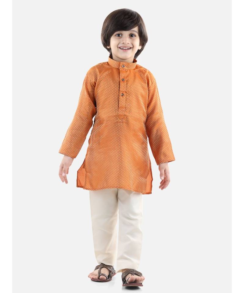 orange Full Sleeve Jacquard Kurta Pajama