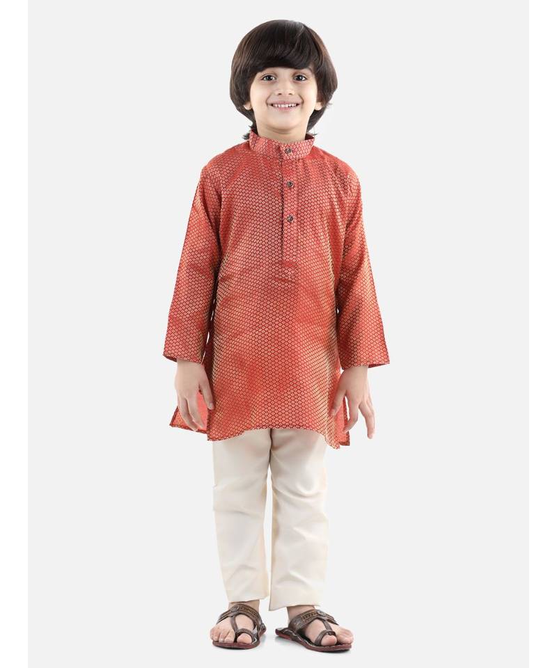 Red Silk  stitched printed   kurta &   pyjama