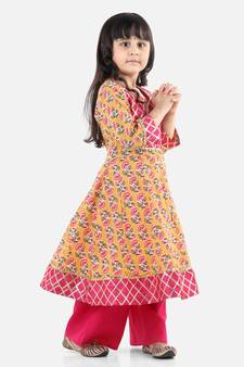Yellow Cotton stitched printed anarkali