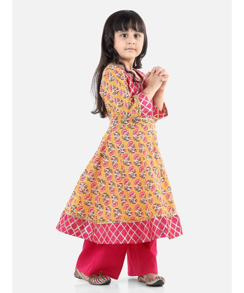 Yellow Cotton stitched printed anarkali