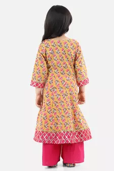 Yellow Cotton stitched printed anarkali
