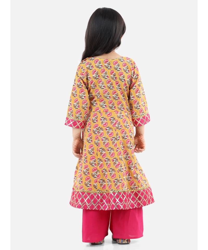 Yellow Cotton stitched printed anarkali