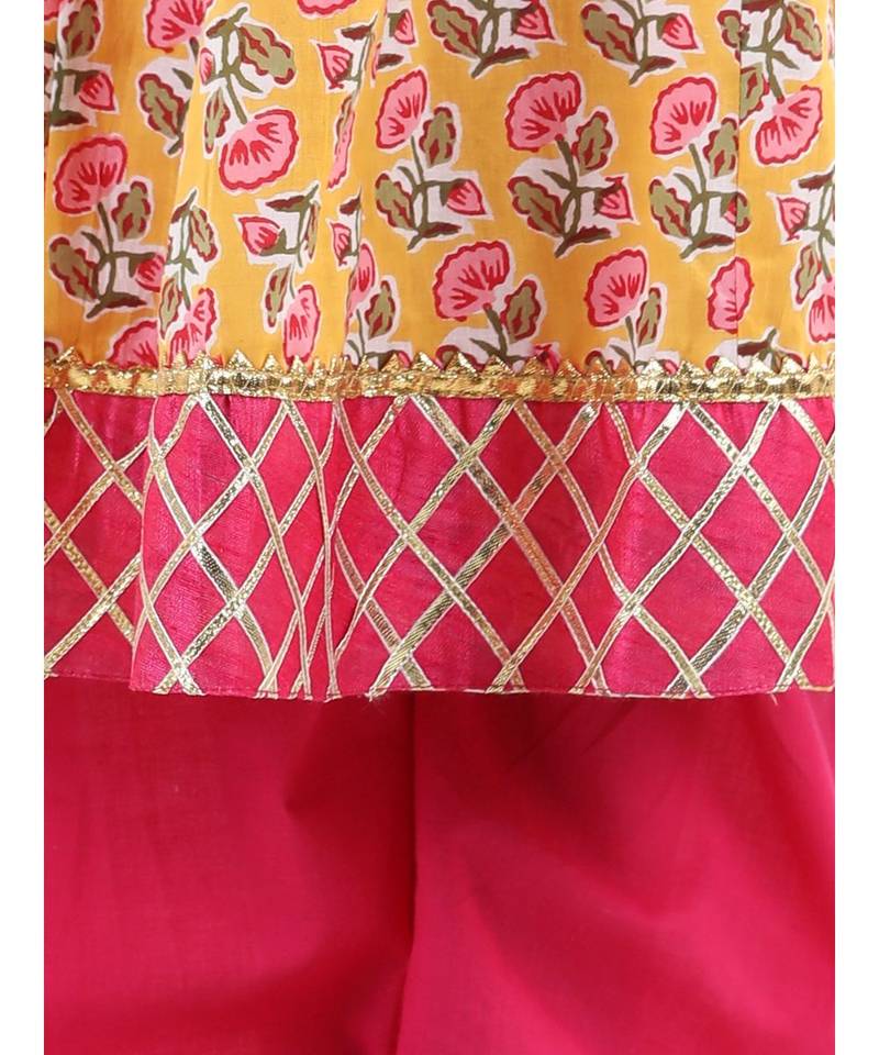 Yellow Cotton stitched printed anarkali