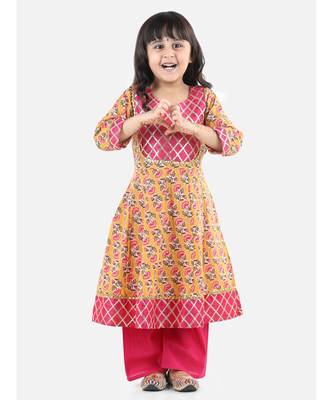 Yellow Cotton stitched printed anarkali 4