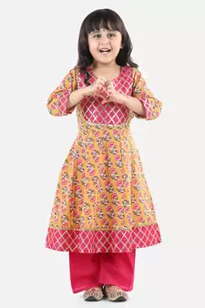 Yellow Cotton stitched printed anarkali