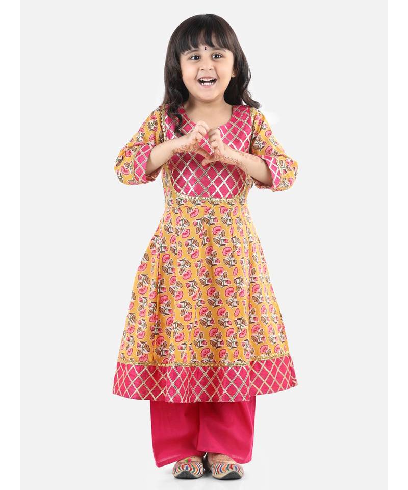 Yellow Cotton stitched printed anarkali