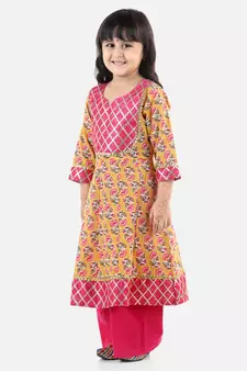Yellow Cotton stitched printed anarkali