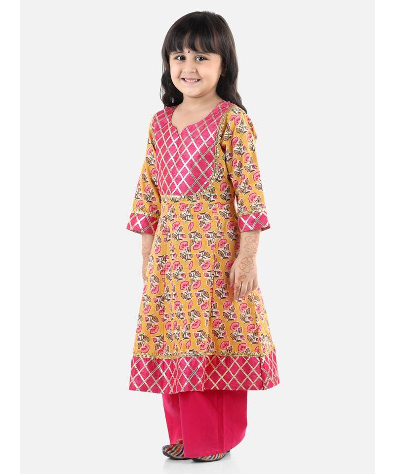 Yellow Cotton stitched printed anarkali