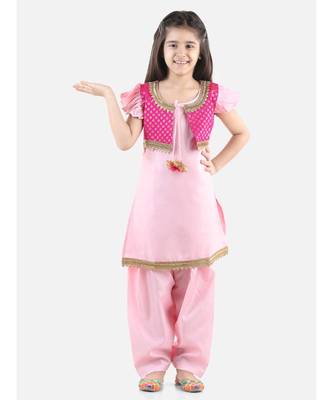 Pink Silk  stitched printed   GIRS suit with jacket 1