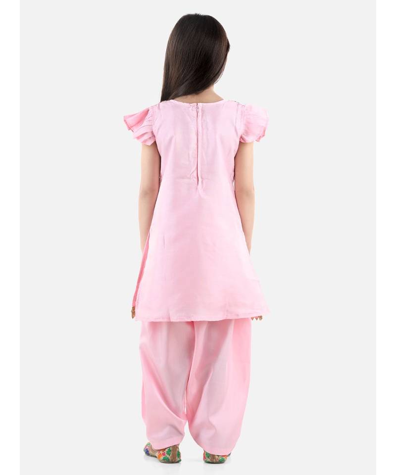 Pink Silk  stitched printed   GIRS suit with jacket