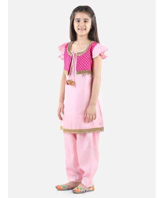 Pink Silk  stitched printed   GIRS suit with jacket 4