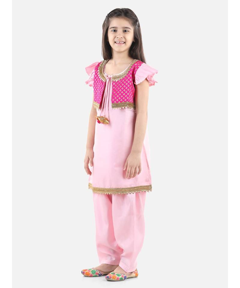 Pink Silk  stitched printed   GIRS suit with jacket