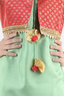 Green Silk  stitched printed   GIRS suit with jacket