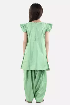 Green Silk  stitched printed   GIRS suit with jacket