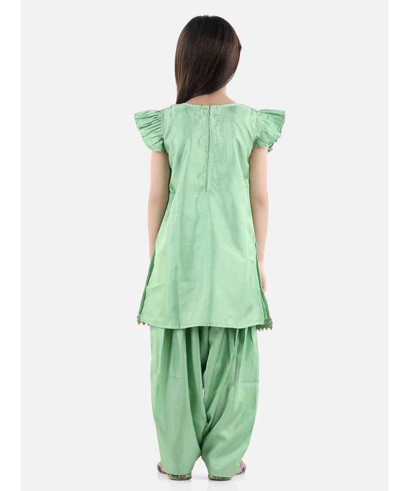 Green Silk  stitched printed   GIRS suit with jacket