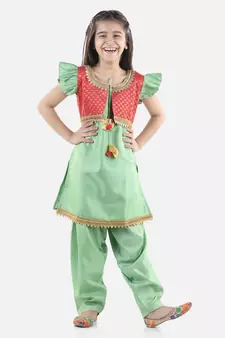 Green Silk  stitched printed   GIRS suit with jacket
